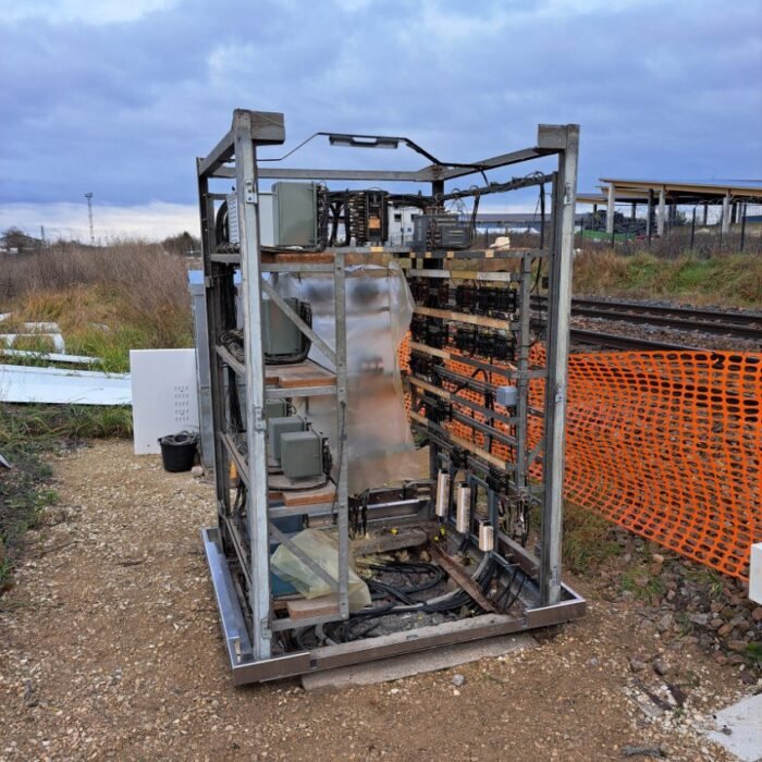 Signalling rack exposed on its base before the new enclosure
